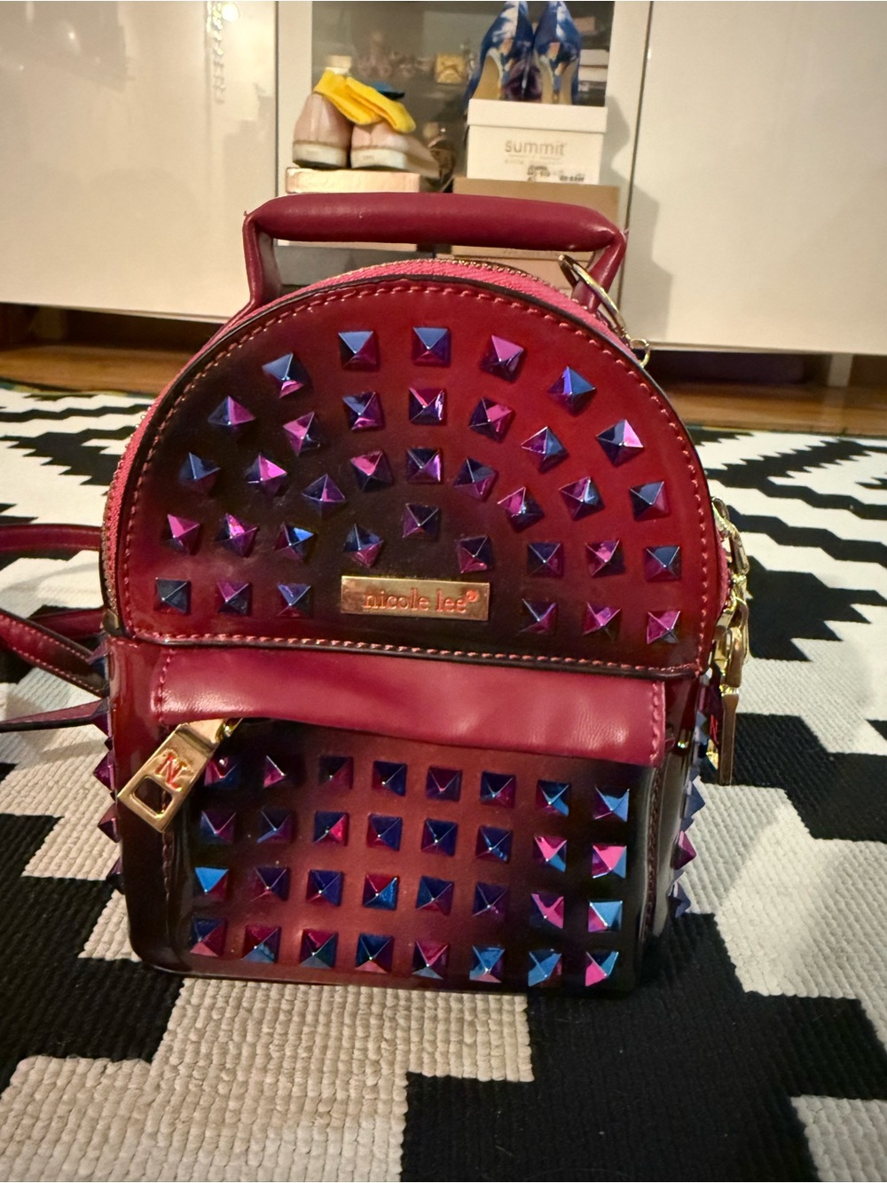 Nicole Lee Burgundy Mini Backpack with Iridescent Studs